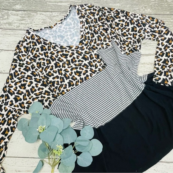 entro Tops - Entro Animal Print Colorblock V Neck Long Sleeve Top